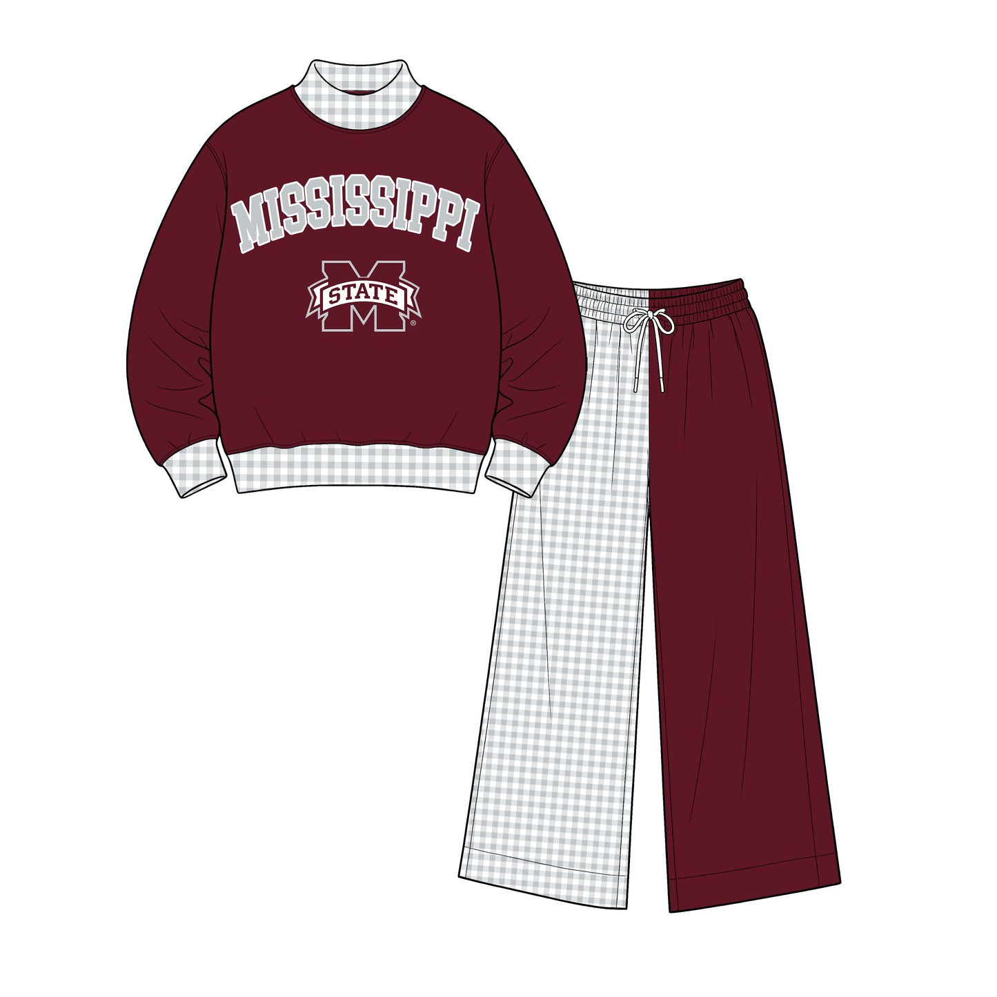 (Custom Design Preorder MOQ 5) Mississippi Mock Neck  Top with Patch Wide Leg Sport Team Set