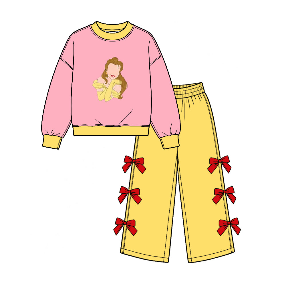 (Custom Design Preorder MOQ 5 Each) Cartoon Princess Print Girls Bows Clothes Set Sisters Wear