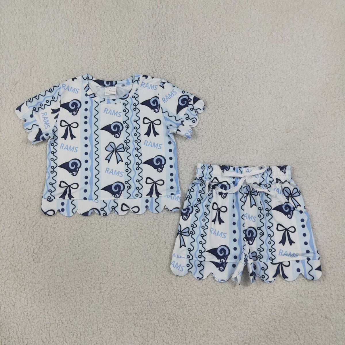 Sport Team  RAMS Bows Print Girls Summer Scallop Clothes Set