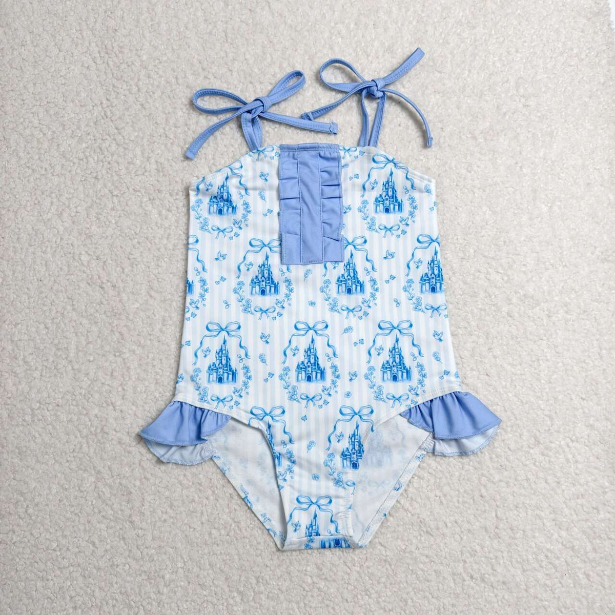 S0753 Castle Bows Stripes Print Ruffle Girls 1 Piece Strap Swimsuits