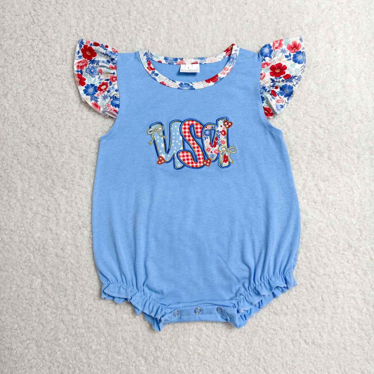 SR4186 USA Embroidery Flowers Print Baby Girls 4th of July Romper