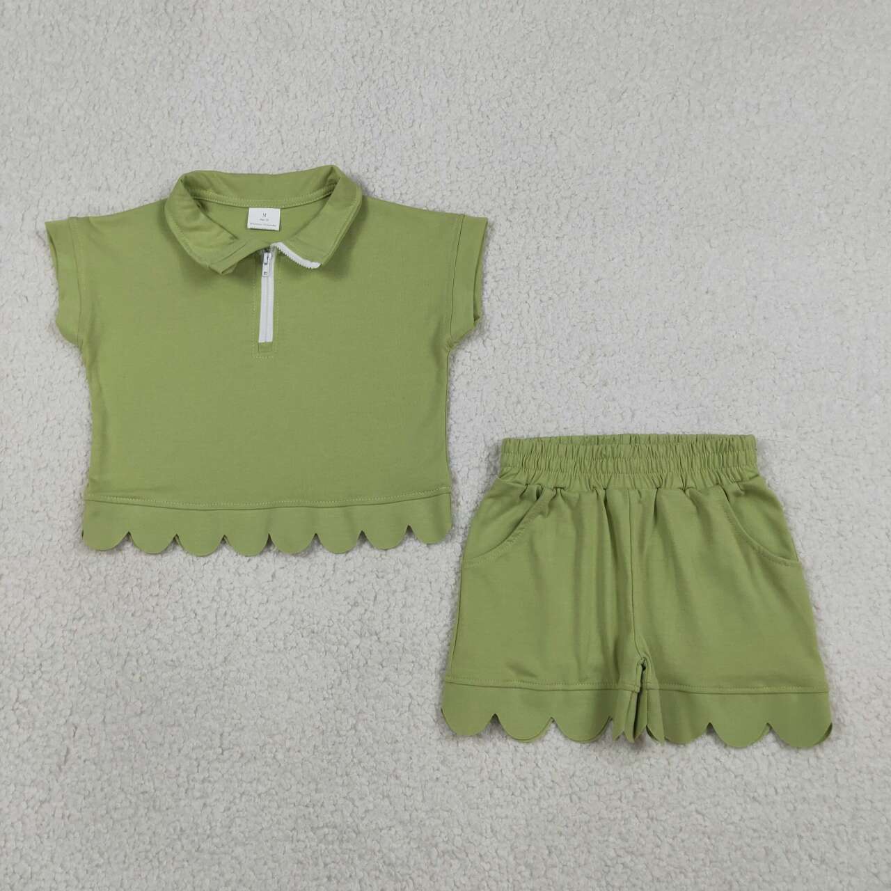 Green Cotton Zipper Top Pockets Shorts Girls Summer Scallop Clothes Set