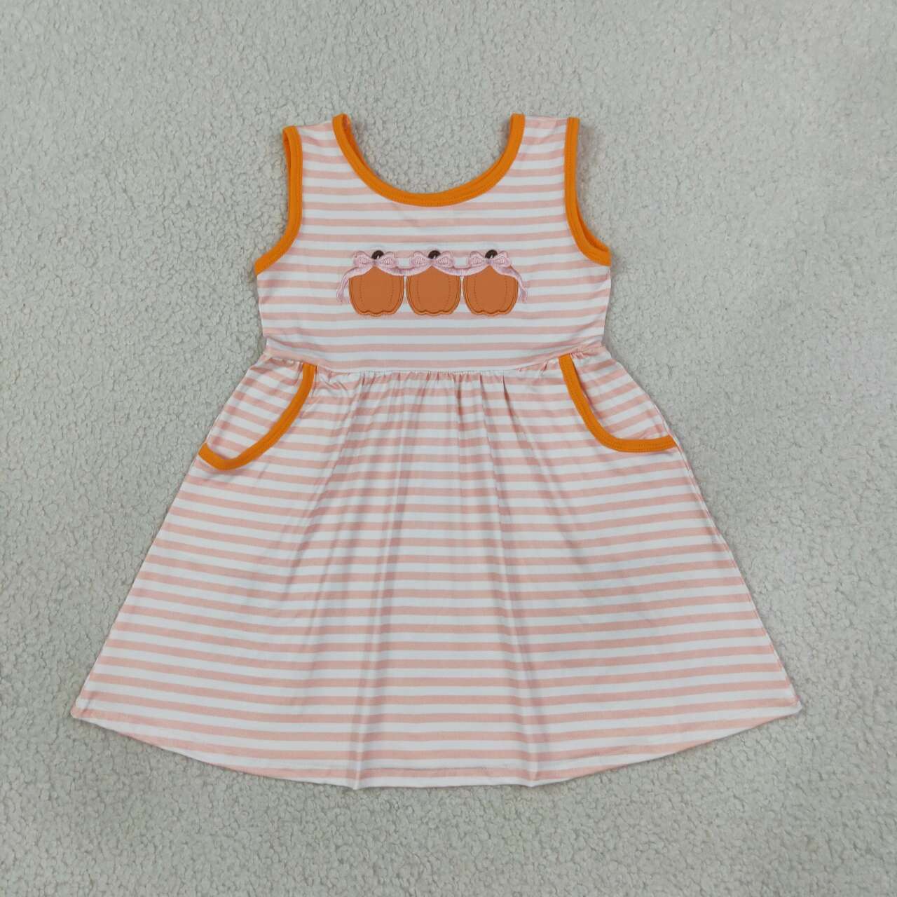 GSD4265 Pumpkin Embroidery Pink Stripes Print Pockets Girls Sleeveless Dress