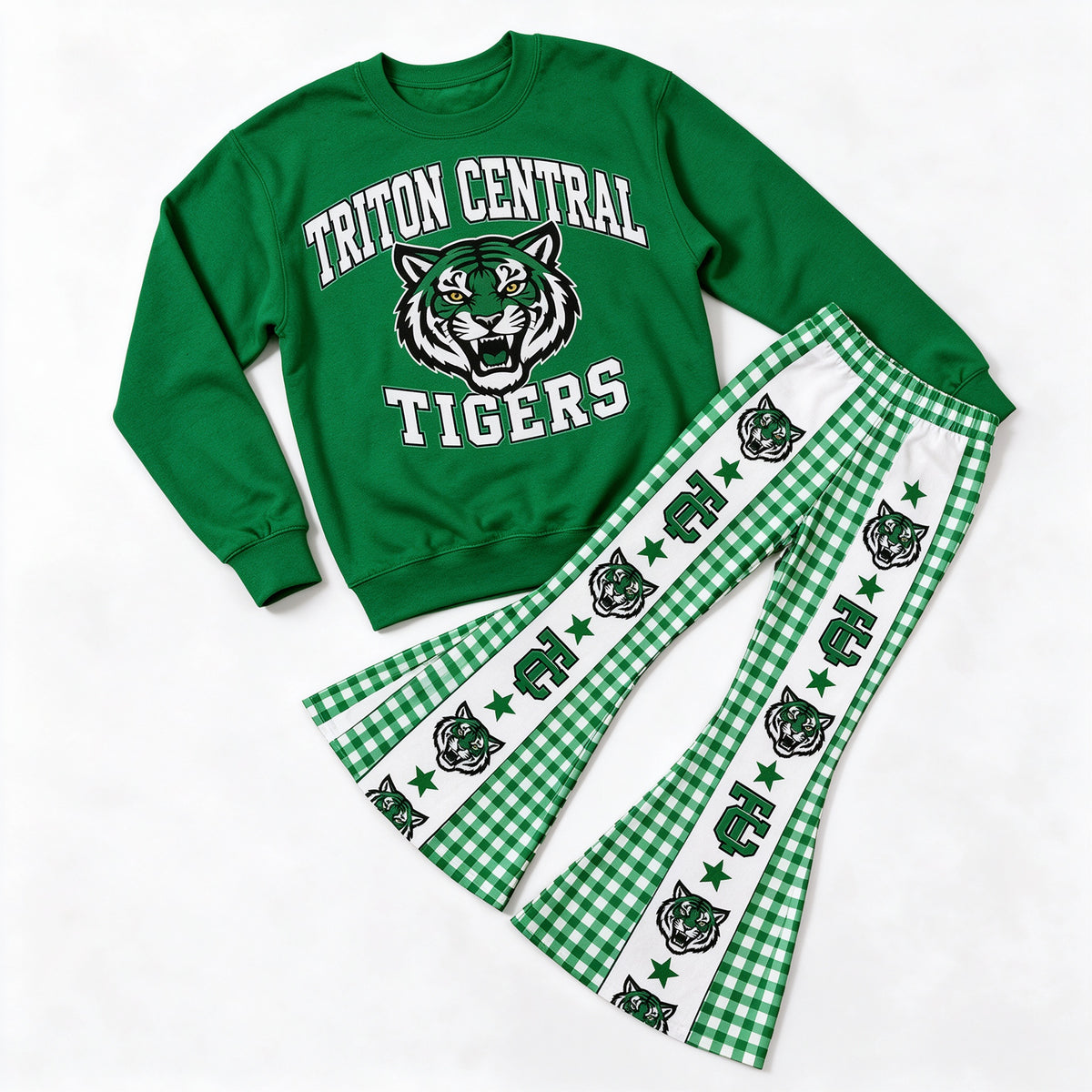 （Custom Preorder 5 MOQ）Sport Team Tigers Green Top Bell Bottom Pants Outfit