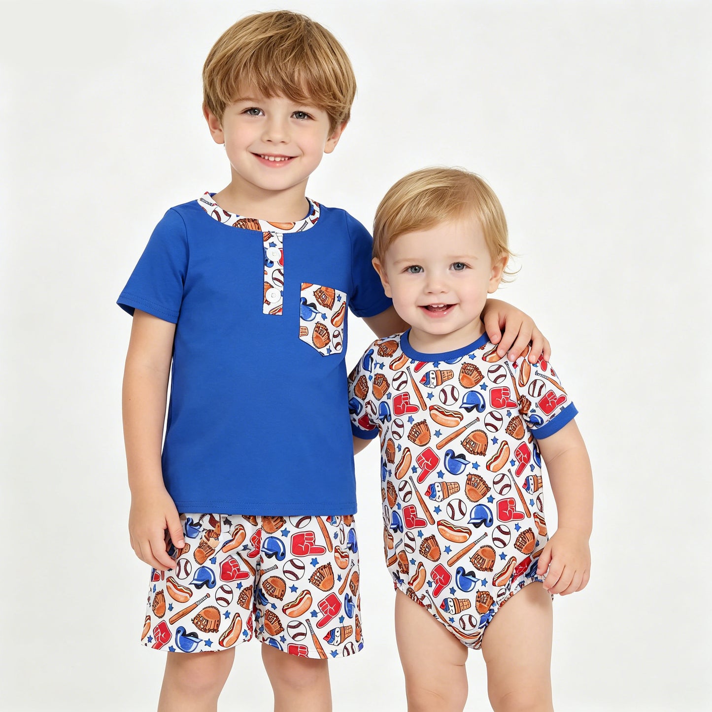 4th of July Baseball Brothers Matching Outfit Blue Toddler & Baby Boys Sports Set Summer Vacation