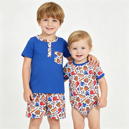 4th of July Baseball Brothers Matching Outfit Blue Toddler & Baby Boys Sports Set Summer Vacation