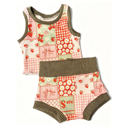 (Custom Design Preorder MOQ 5 ) Strawberry Flowers Bows Baby Girls Summer Ribbed Bummie Set