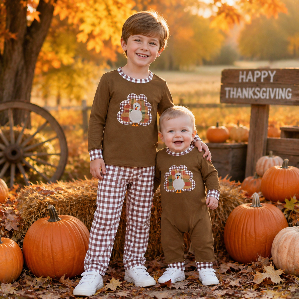 Sibling Baby Boys Thanksgiving Embroidery Turkey  Brown Outfit and Romper