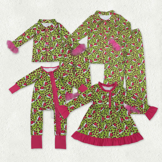 Mama and Me Leopard Grin Button Fur Sleeve Pajamas Sets Ruffle Dresses Zipper Rompers