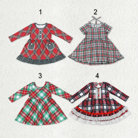 Sibling Baby  Girls Christmas Green Red Checked Long Sleeve Dress