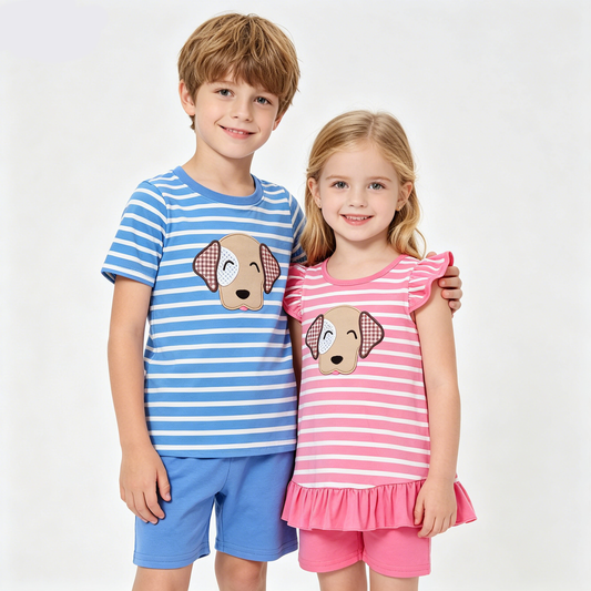 Sibling Baby Boys Girls Stripes Embroidery Dogs Summer Clothes Sets