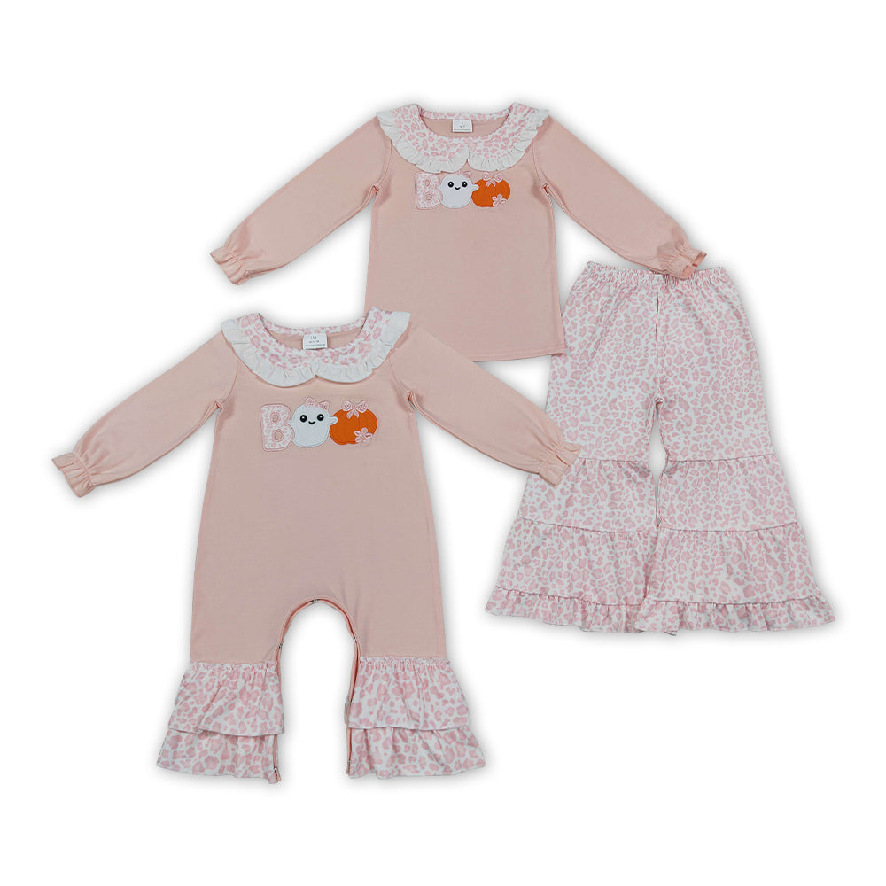Sibling Baby Girls Halloween Embroidery Boo Ghost Pumpkin Leopard Pants Outfit and Romper