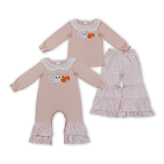 Sibling Baby Girls Halloween Embroidery Boo Ghost Pumpkin Leopard Pants Outfit and Romper
