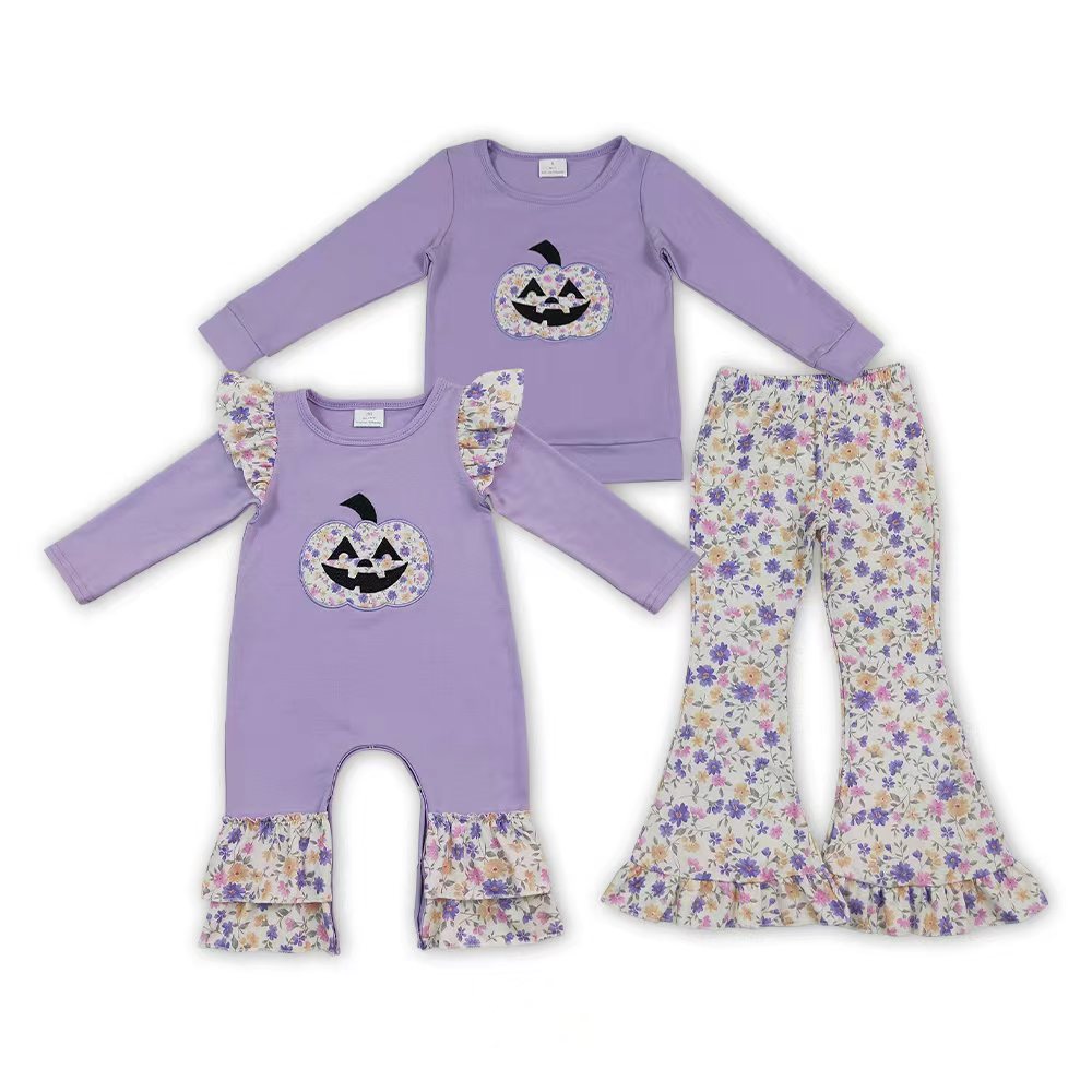 Sibling Baby Girls  Embroidery Pumpkin Face Purple Top Floral Pants Outfit and Romper
