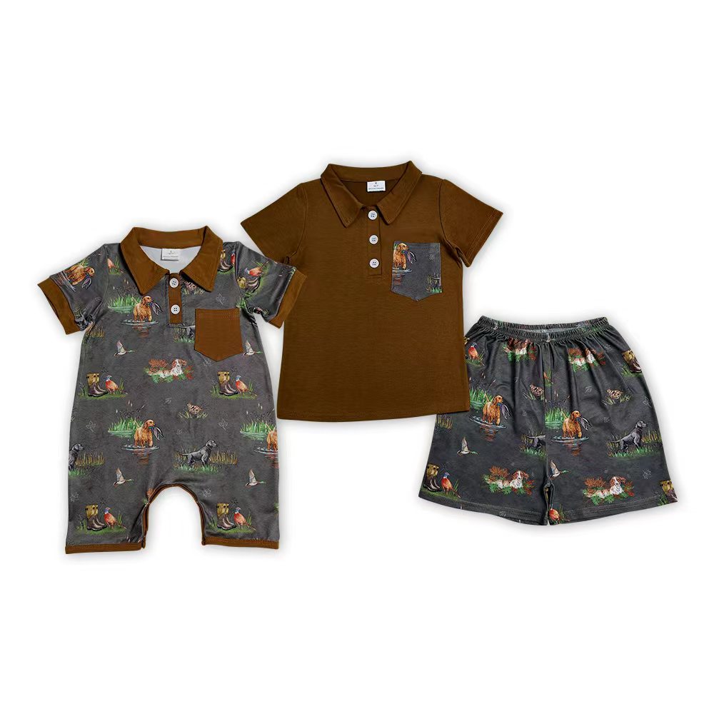 Sibling Baby Boys Southern Hunting Dog Duck Shorts Set +Romper
