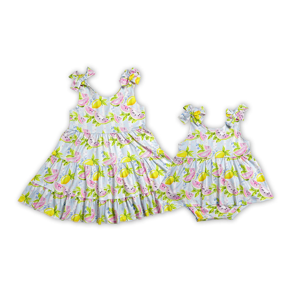 Sibling Baby Girls Summer Watermelon Lemon Dress and Bubble Romper