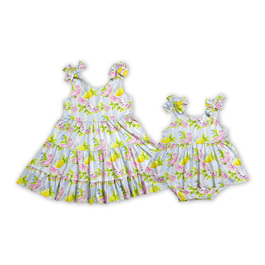 Sibling Baby Girls Summer Watermelon Lemon Dress and Bubble Romper
