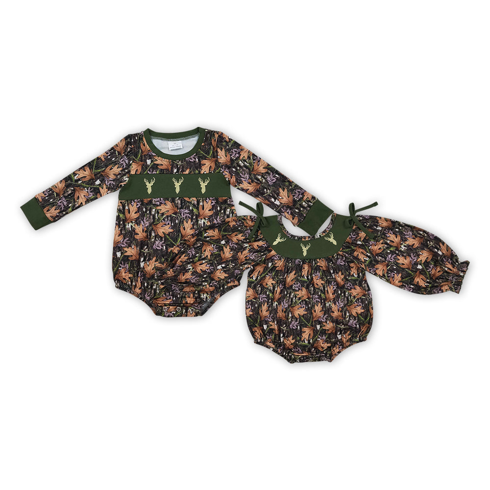 Sibling Baby Girls Boys Embrioidery Deer Camo Long Sleeve Romper