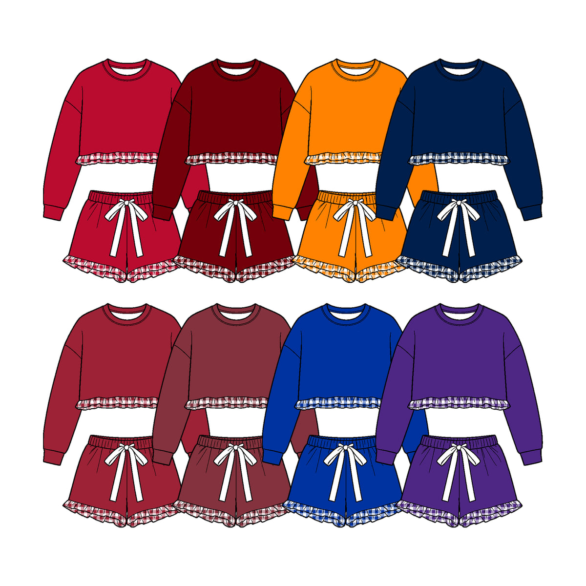 (Custom Design Preorder MOQ 5 Each)Teams Blank Long Sleeve Top Shorts Girls Ruffle Clothes Set Sisters Wear