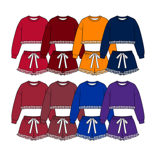 (Custom Design Preorder MOQ 5 Each)Teams Blank Long Sleeve Top Shorts Girls Ruffle Clothes Set Sisters Wear