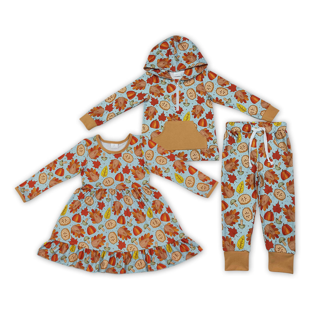 Sibling Kids Girls Thanksgiving Turkey Hoodie Top Outfit and Dress