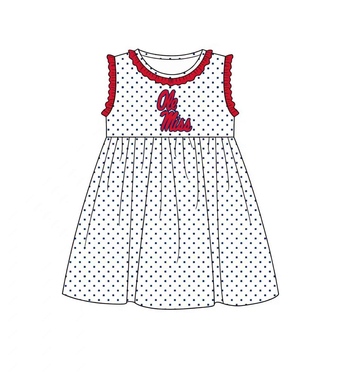 (Custom Design Preorder MOQ 5) Kids Girls Teams Ole Miss Navy Polka Dot Sleeveless Dress