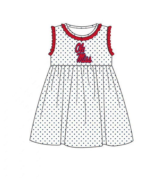 (Custom Design Preorder MOQ 5) Kids Girls Teams Ole Miss Navy Polka Dot Sleeveless Dress