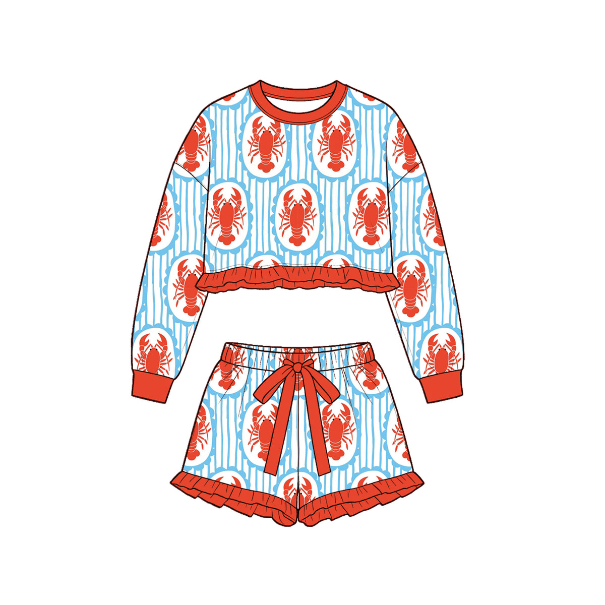 (Custom Design Preorder MOQ 5 Each)Crayfish Bows Print Long Sleeve Top Shorts Girls Clothes Set Sisters Wear