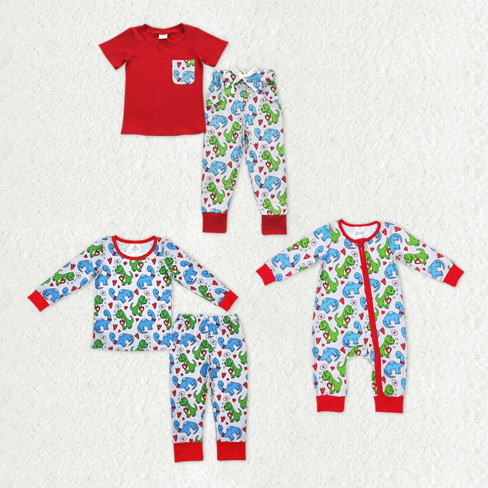 Sibling Baby Boys Dinosaurs Heart Pajama Set Top Zipper Romper