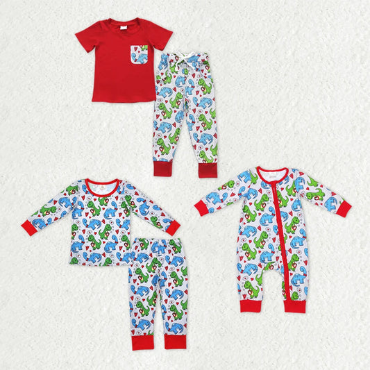 Sibling Baby Boys Dinosaurs Heart Pajama Set Top Zipper Romper