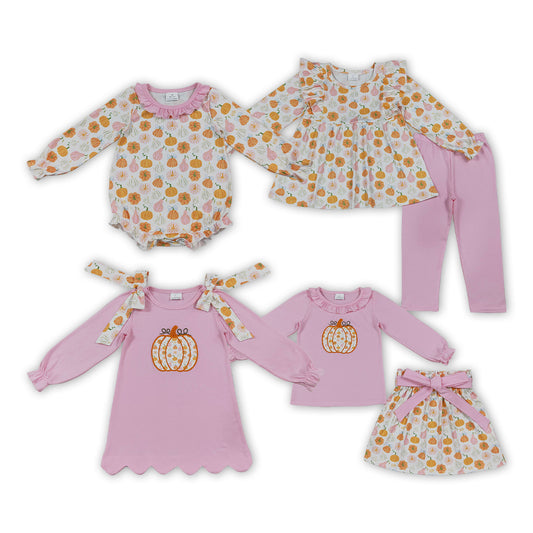 Sibling Baby Girls Embroidery Pumpkin Outfit Dress and Romper