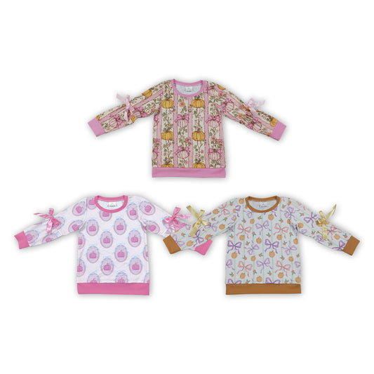 Sibling Kids Girls Pumpkin Print Bow Long Sleeve Top