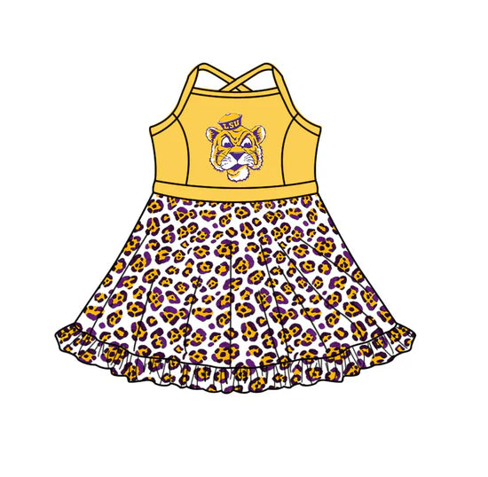 (Custom  Preorder MOQ 5) Baby Girls Strap Leopard LSUTigers Team Knee Length Dress