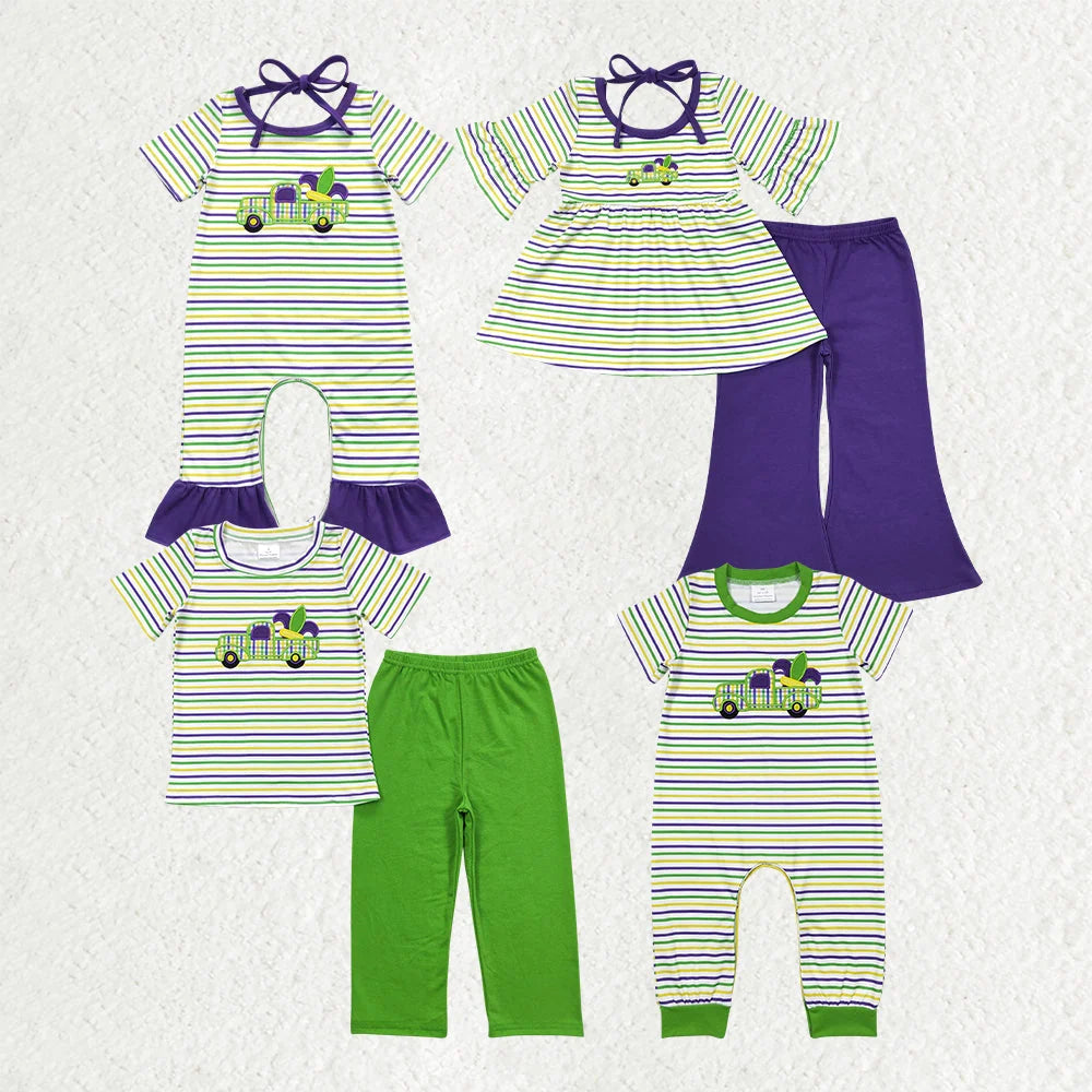 Sibling Baby Boys Girls Embroidery Truck Anchors Stripe Mardigras Clothes Sets Footie Romper