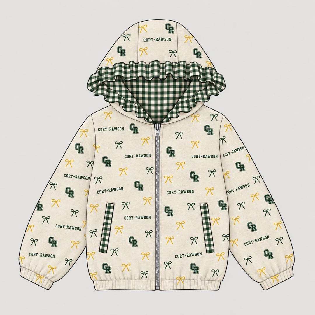 (Custom Design Preorder MOQ 5) Teams Cory Rawson Bows  Print Girls Pockets Zipper Ruffle Hoodie  Jacket Top