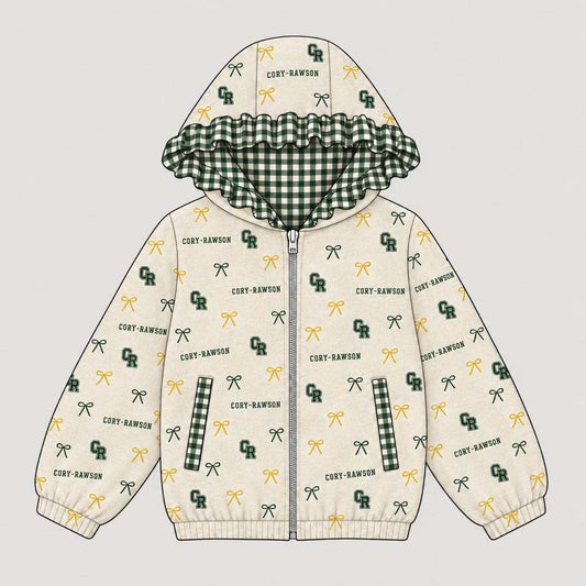 (Custom Design Preorder MOQ 5) Teams Cory Rawson Bows  Print Girls Pockets Zipper Ruffle Hoodie  Jacket Top