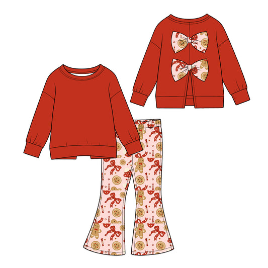 (Custom Design Preorder MOQ 5) Red Backless Bows Top Gingerbread Bows Bell Pants Girls Christmas Clothes Set