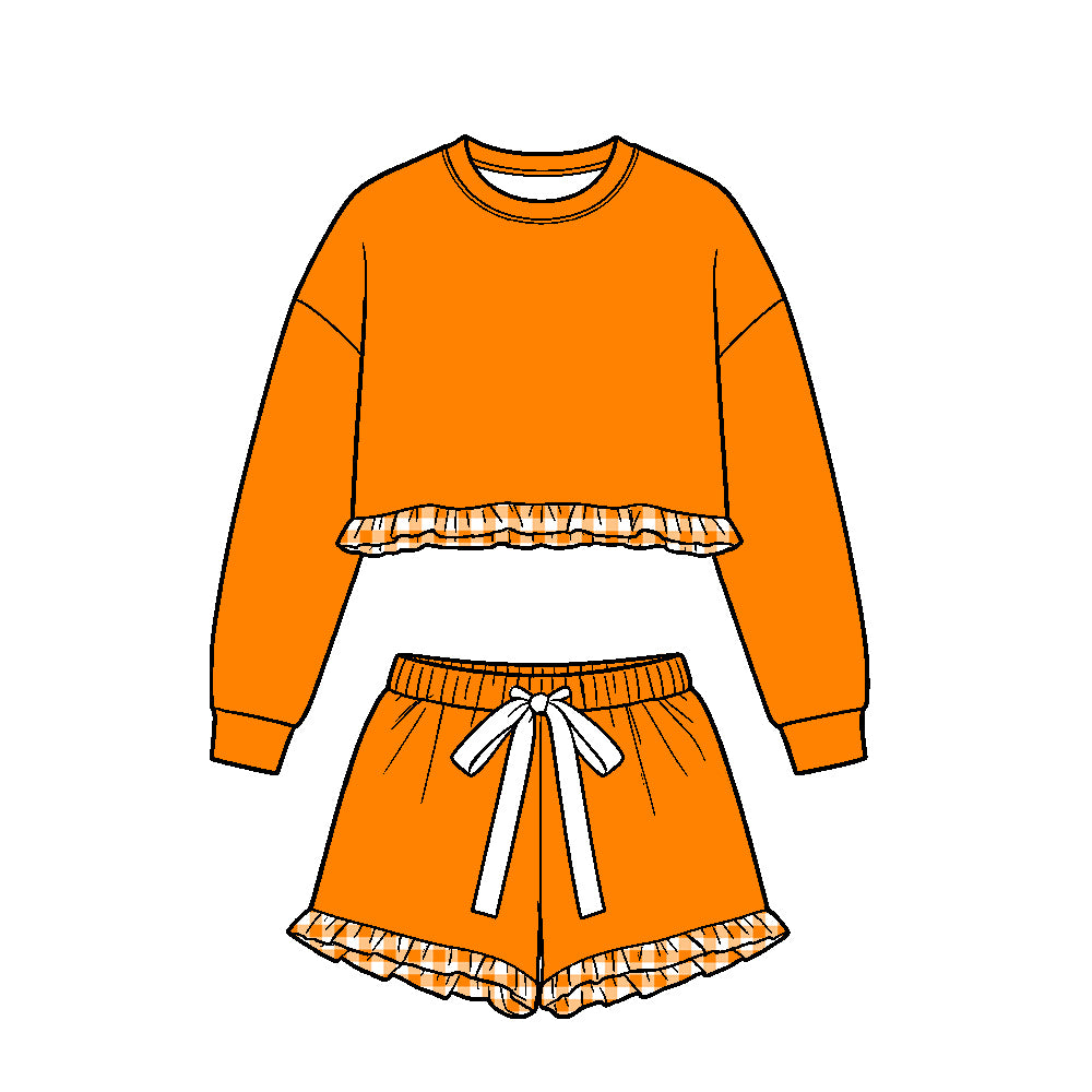 (Custom Design Preorder MOQ 5 Each)Teams Blank Long Sleeve Top Shorts Girls Ruffle Clothes Set Sisters Wear