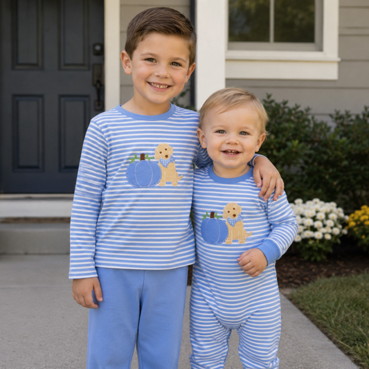 Sibling Baby Boys Embroidery Pumpkin Puppy Blue Striped Outfit and Romper