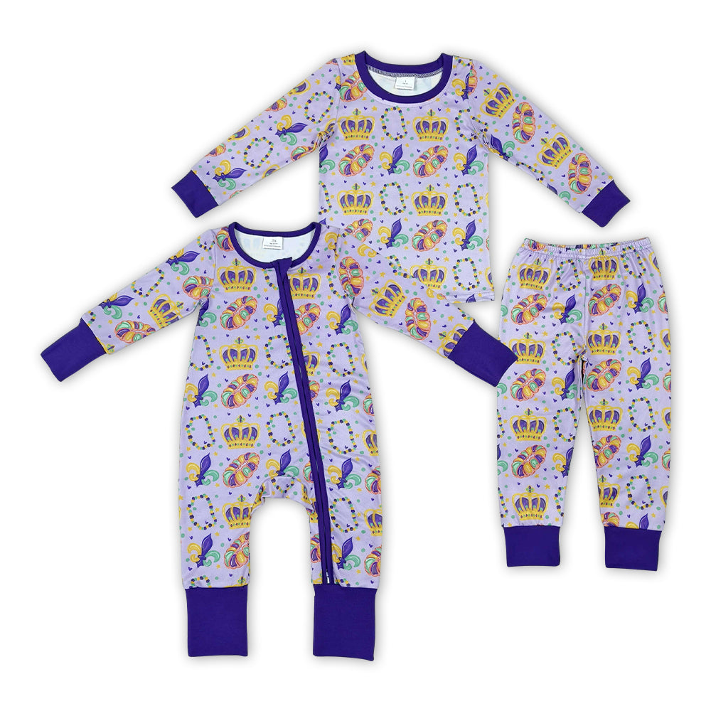 Sibling Baby  Mardi Gras Party Long Sleeve Pajama Set  and Zipper Romper