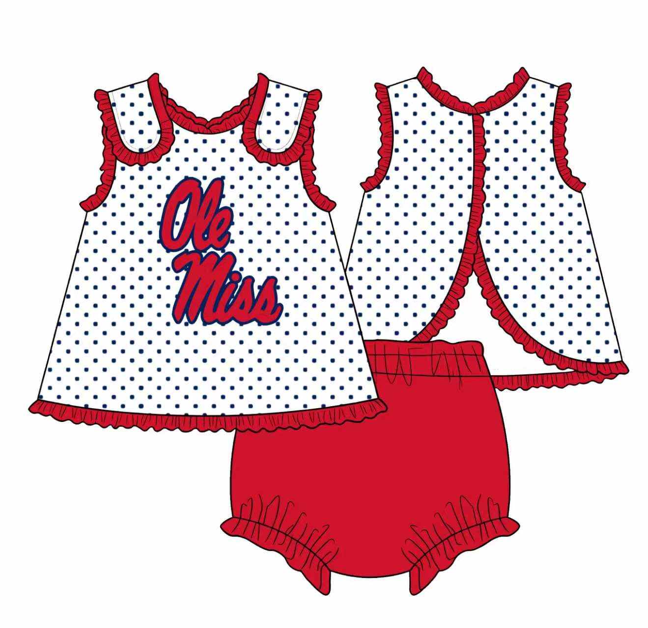 (Custom Design Preorder MOQ 5) Kids Girls Teams  Navy Polka Dot Sleeveless Tunic Bummie Set