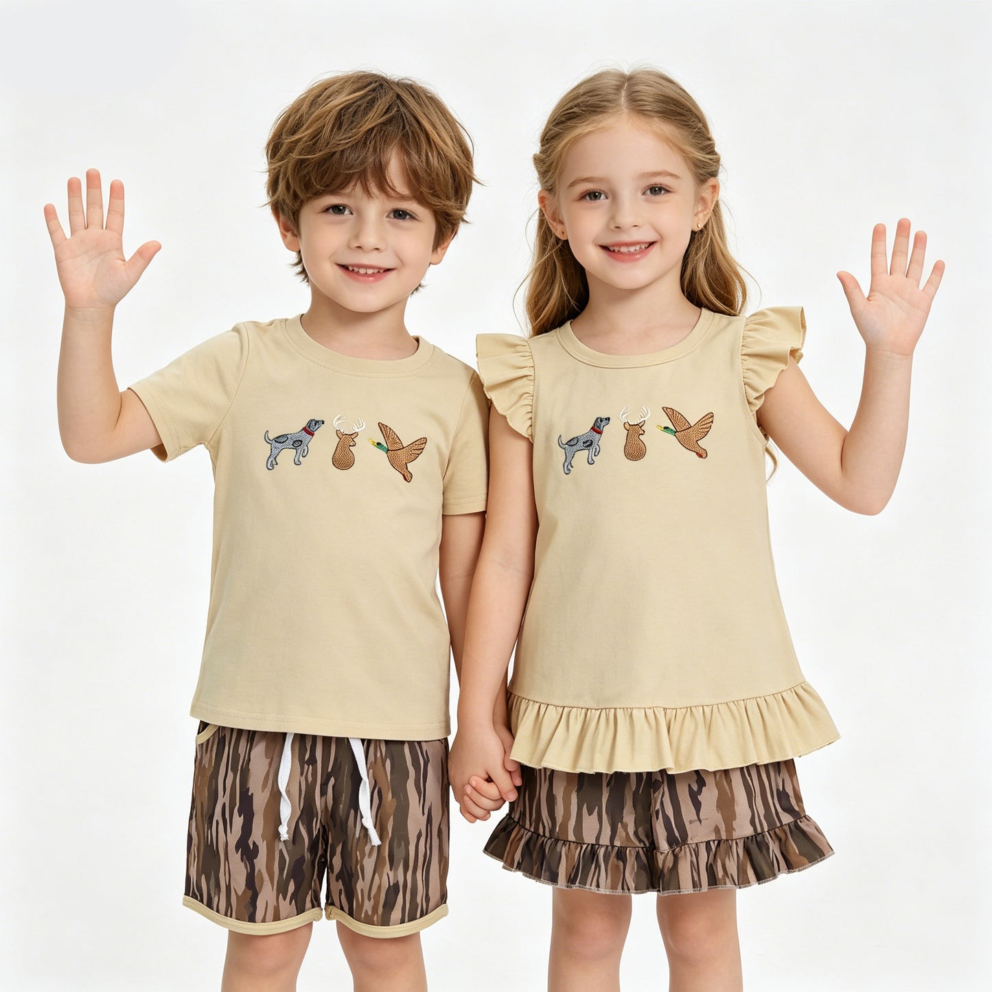 Toddler & Kids Hunting Embroidered  Sibling Camo Shorts Outfit For Sibling