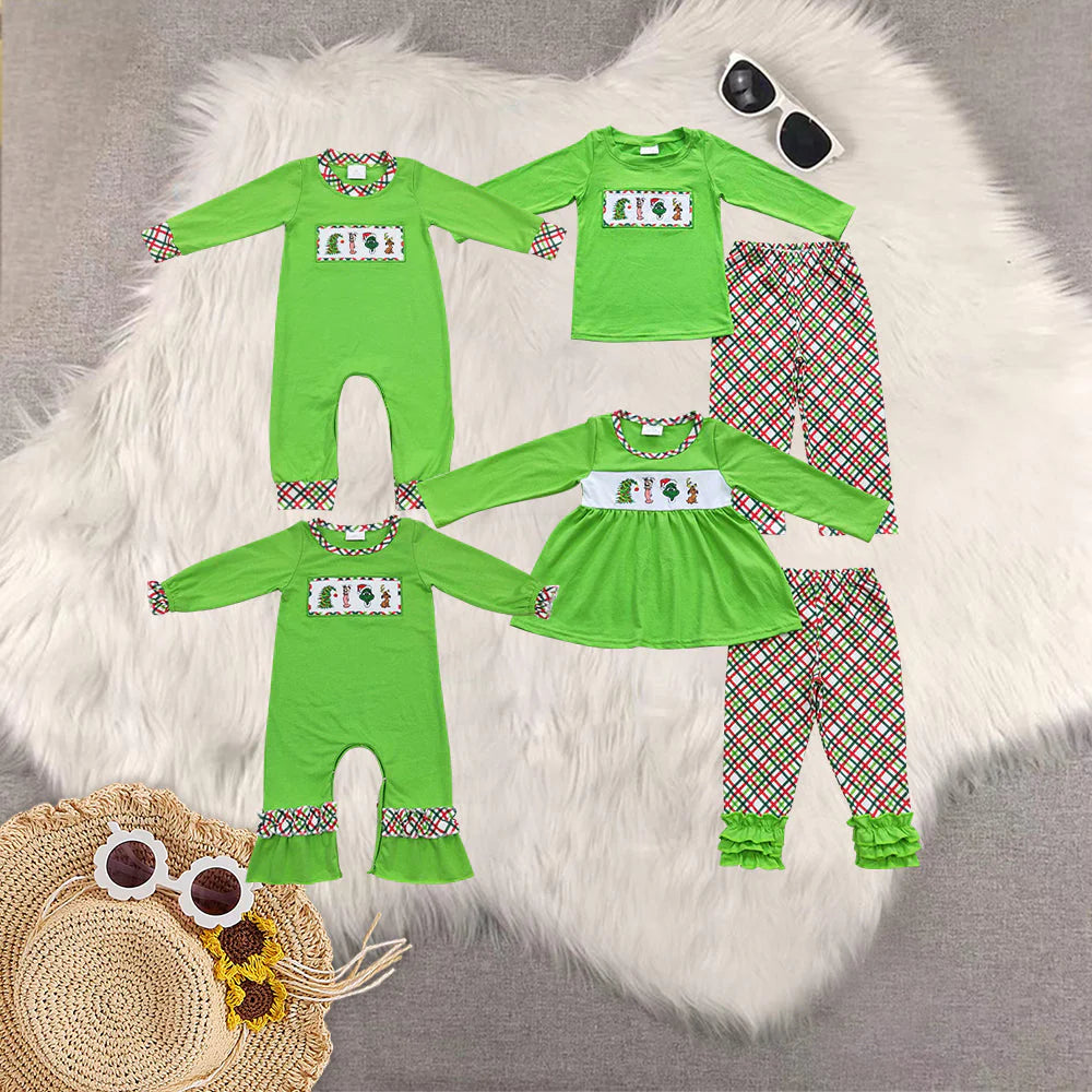 Sibling Baby Boys Girls Embroidery Green Faces Pants Christmas Clothes Sets