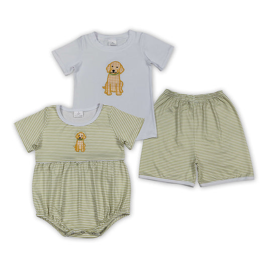 Sibling Baby Embroidery Puppy Striped Shorts Outfit Romper