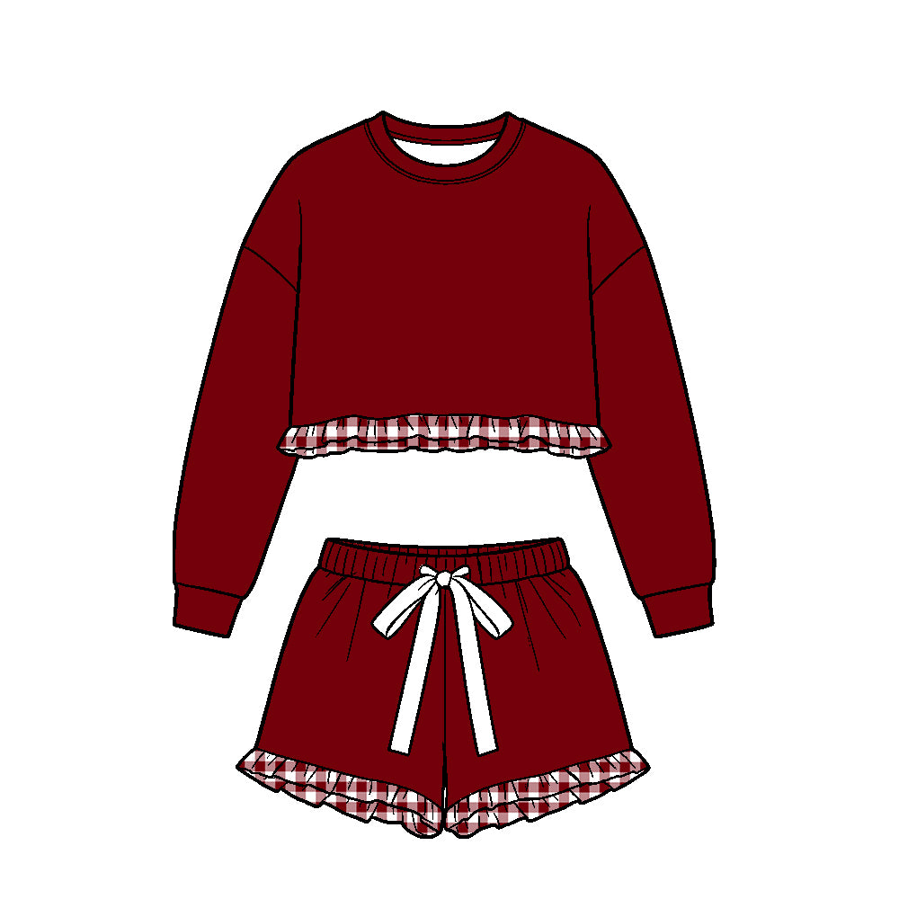 (Custom Design Preorder MOQ 5 Each)Teams Blank Long Sleeve Top Shorts Girls Ruffle Clothes Set Sisters Wear