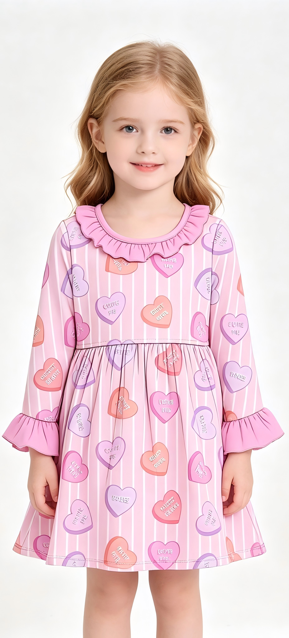 8.28 Preorder Toddler Girls Heart Candy Striped Long Sleeve Ruffle Dress