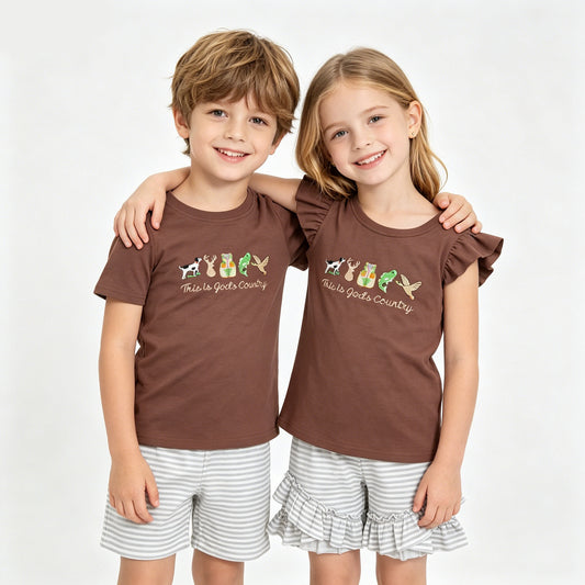 Sibling Baby Boys Girls Embroidery This is God'd Country Top Stripe Shorts Hunting Clothes Sets