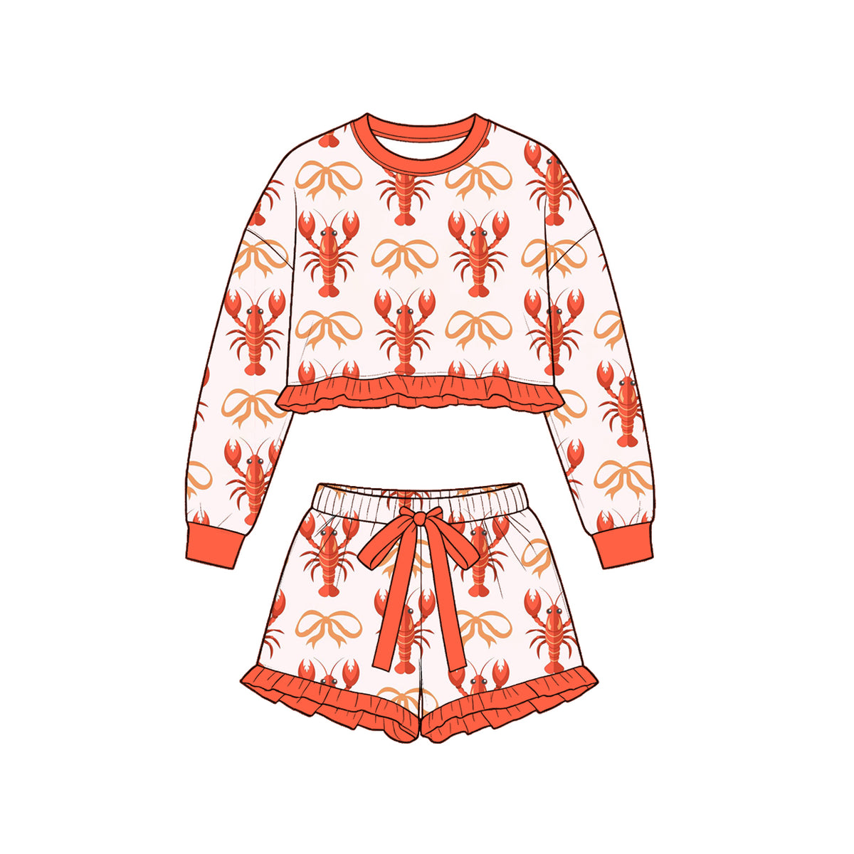 (Custom Design Preorder MOQ 5 Each)Crayfish Bows Print Long Sleeve Top Shorts Girls Clothes Set Sisters Wear