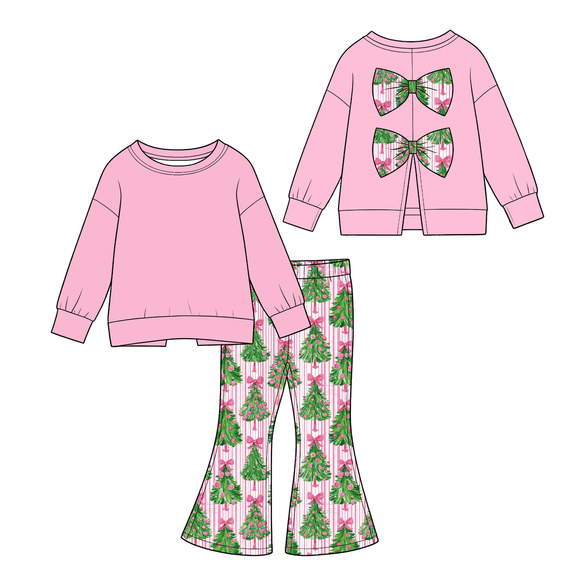 (Custom Design Preorder MOQ 5) Pink Backless Bows Top Tree Stripes Bell Pants Girls Christmas Clothes Set