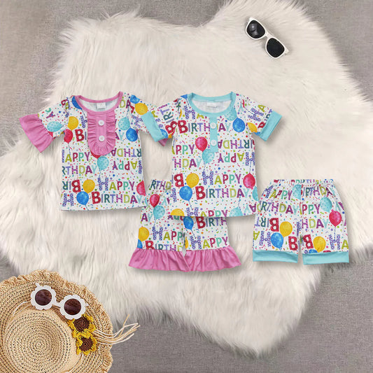 Sibling Baby Kids Short Sleeves Birthday Party Button Top Shorts Summer Pajamas Sets